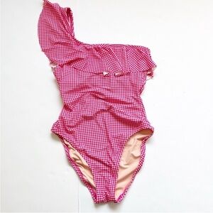 Women’s J Crew Swimsuit Bathing Suit One Piece  One Shoulder Gingham Beach Vacay